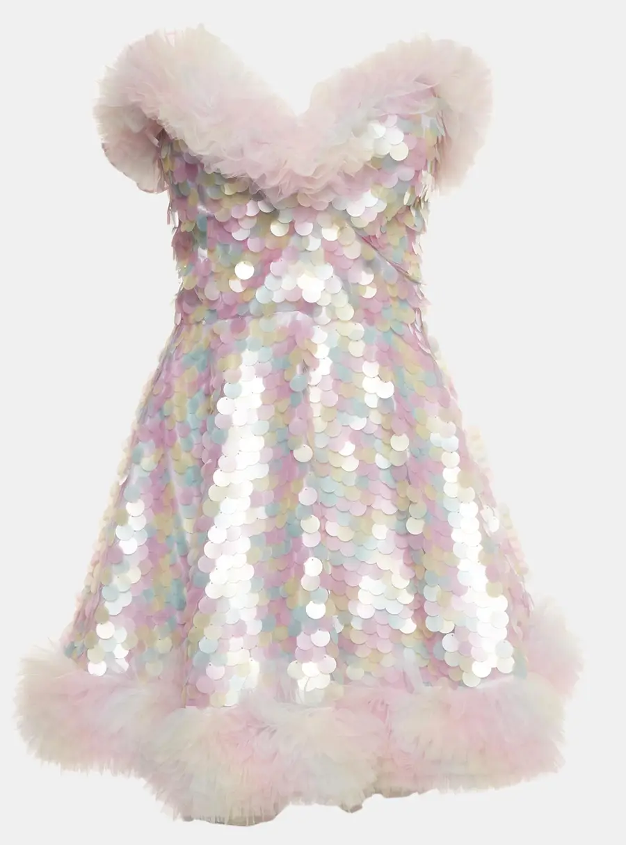 Celia B Multicolour Sequinned & Tulle Ruffle Strapless Journey Dress M