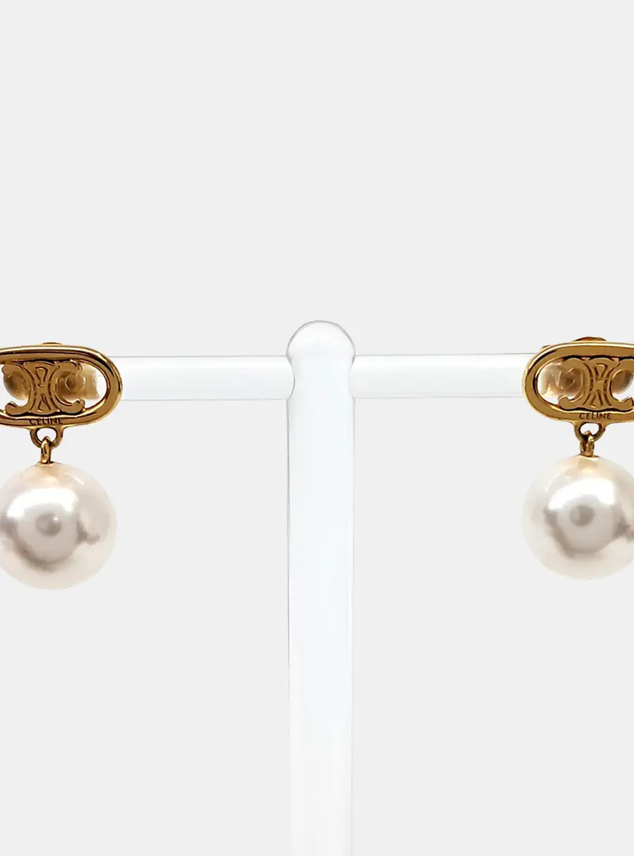 Celine Triomphe Gold Plated Pearls Earrings