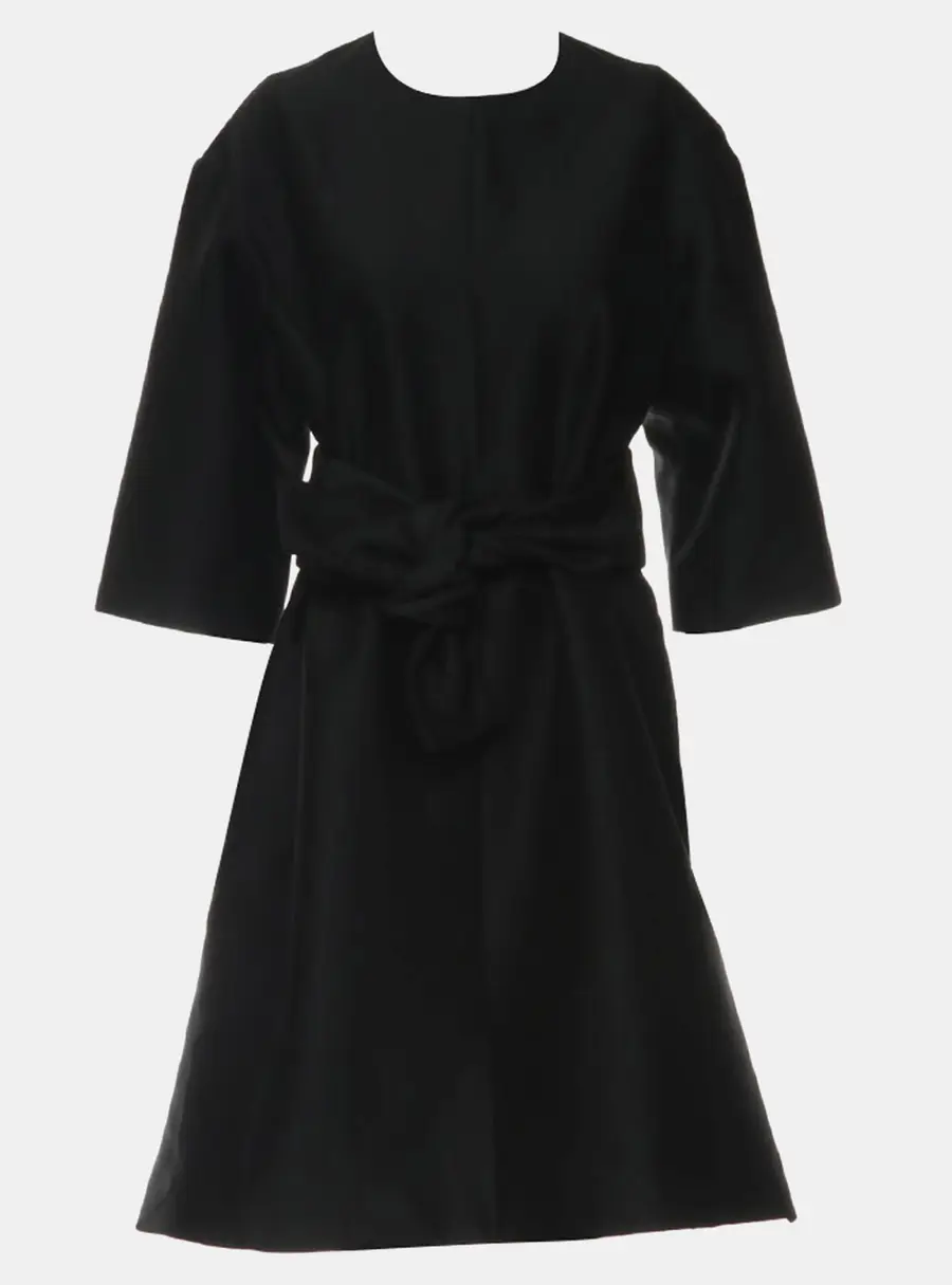 Celine Belted L Black Wool Silk Women's Midi Dress