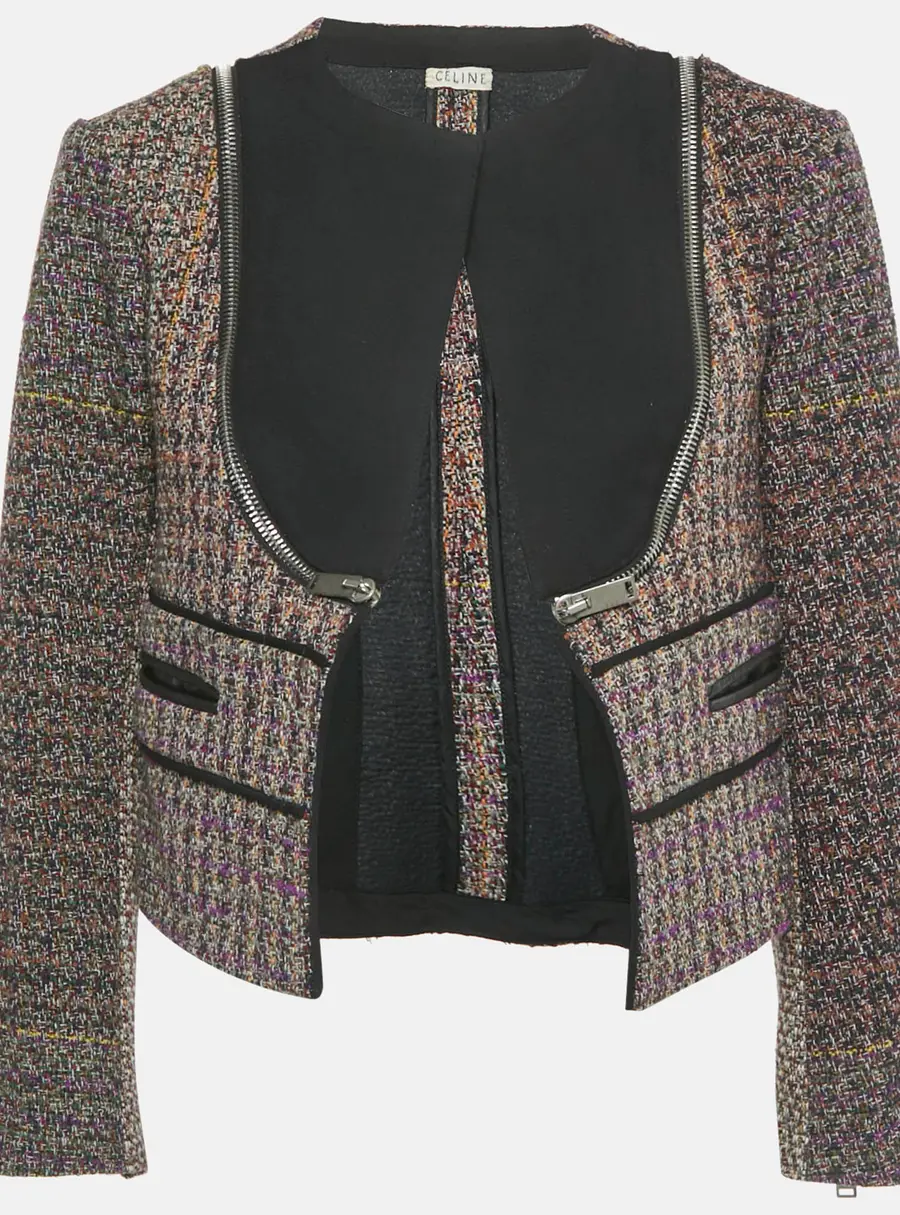 Celine Multicolor Tweed Zip Detail Open Front Jacket M