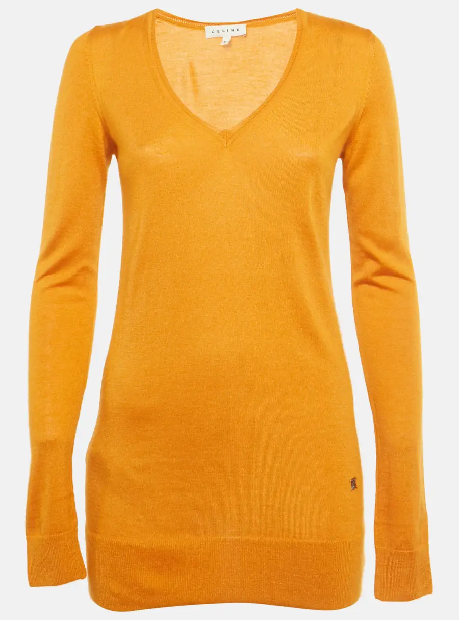 Celine Orange Cashmere Knit V-Neck Sweater M