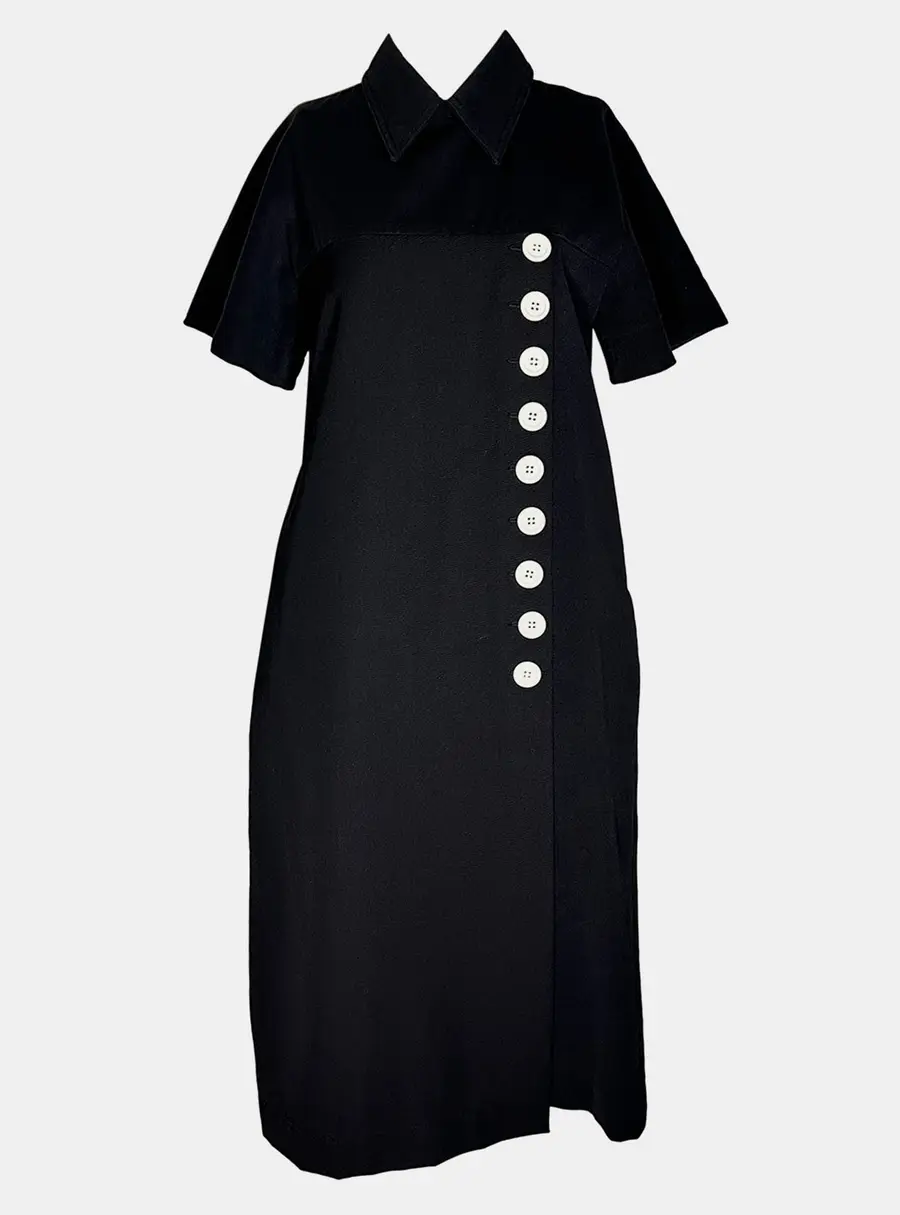 Celine Phoebe Philo Resort 2016 Contrast Button Black Cotton Women's Shift Dress S
