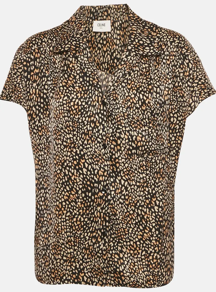 Celine Brown Leopard Print Silk Short Sleeve Shirt M