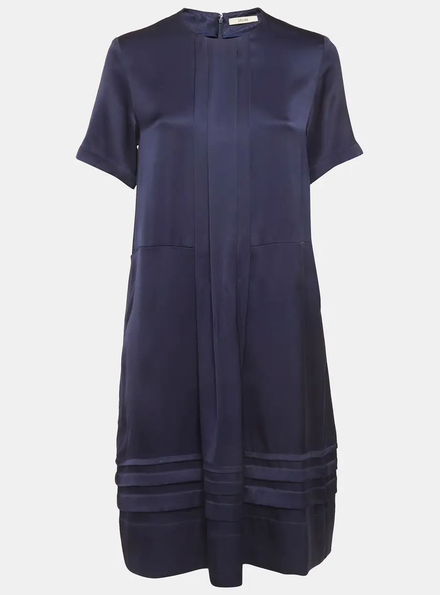 Celine Navy Blue Satin Pleated Midi Dress M