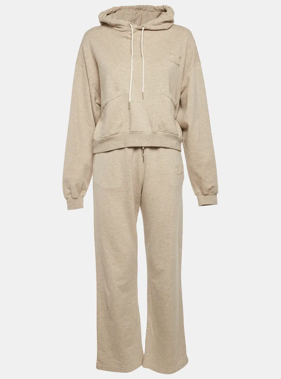 Celine Beige Cotton Knit Logo Detail Hoodie and Joggers Set M/L