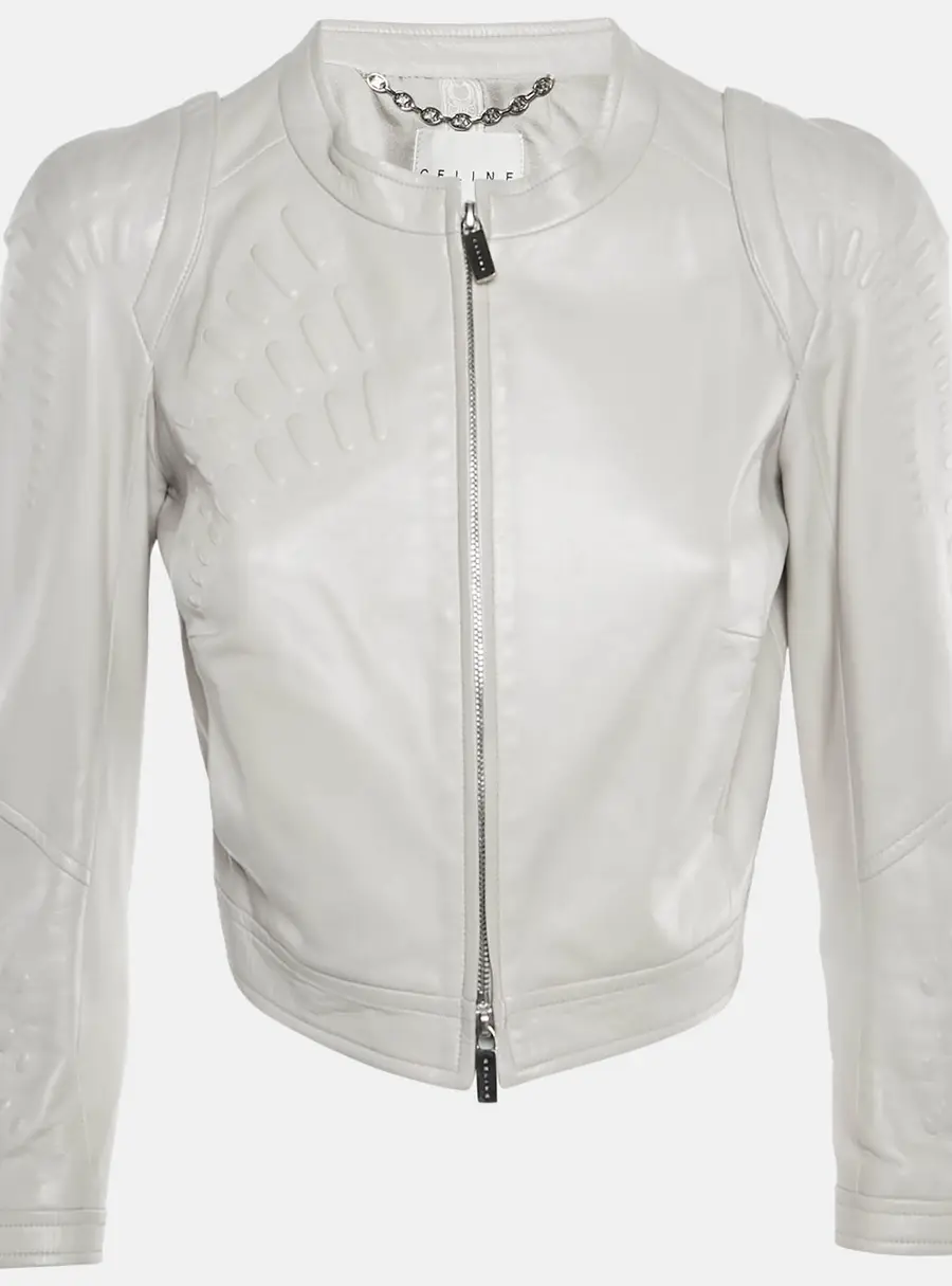 Celine Light Grey Leather Cropped Jacket M