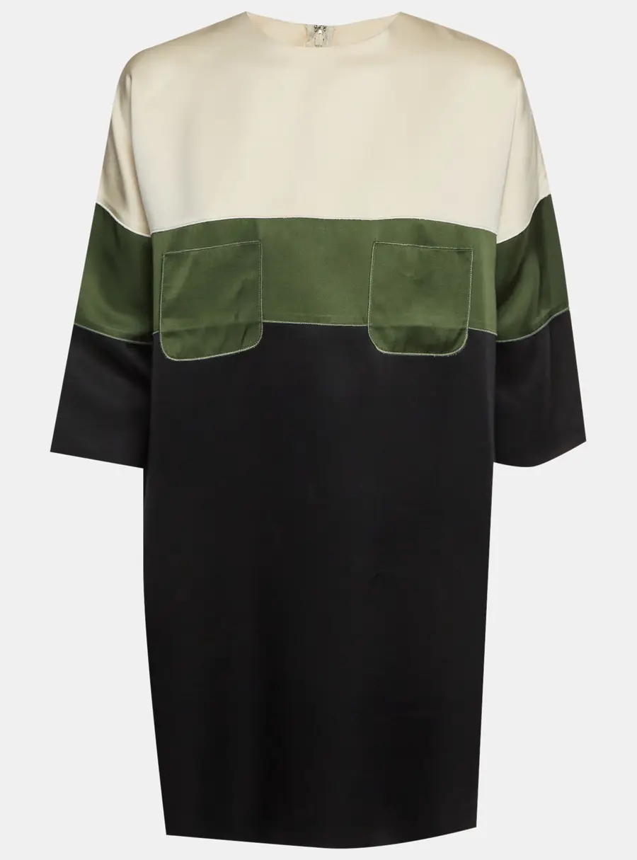 Celine White/Green/Black Satin Colorblock Shift Dress M