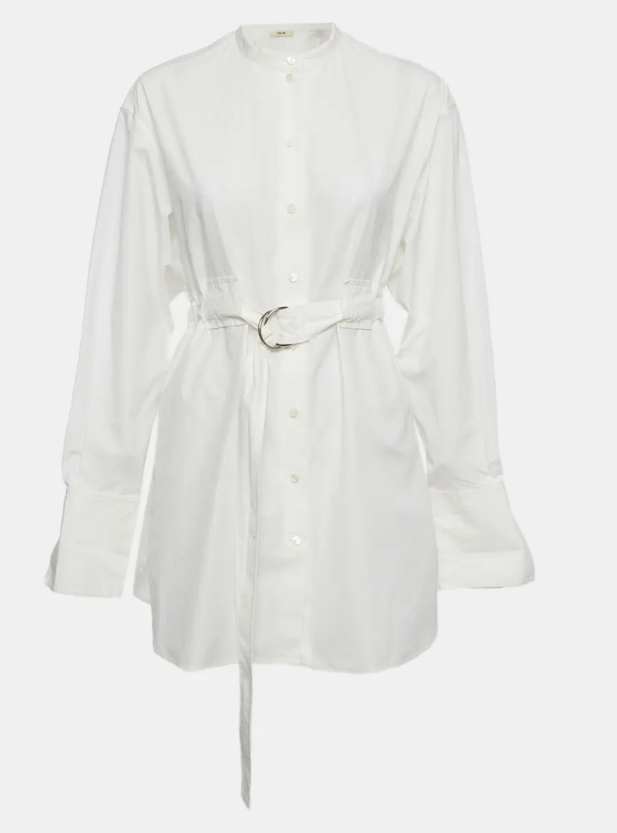Celine White Cotton Button Front Belted Top M