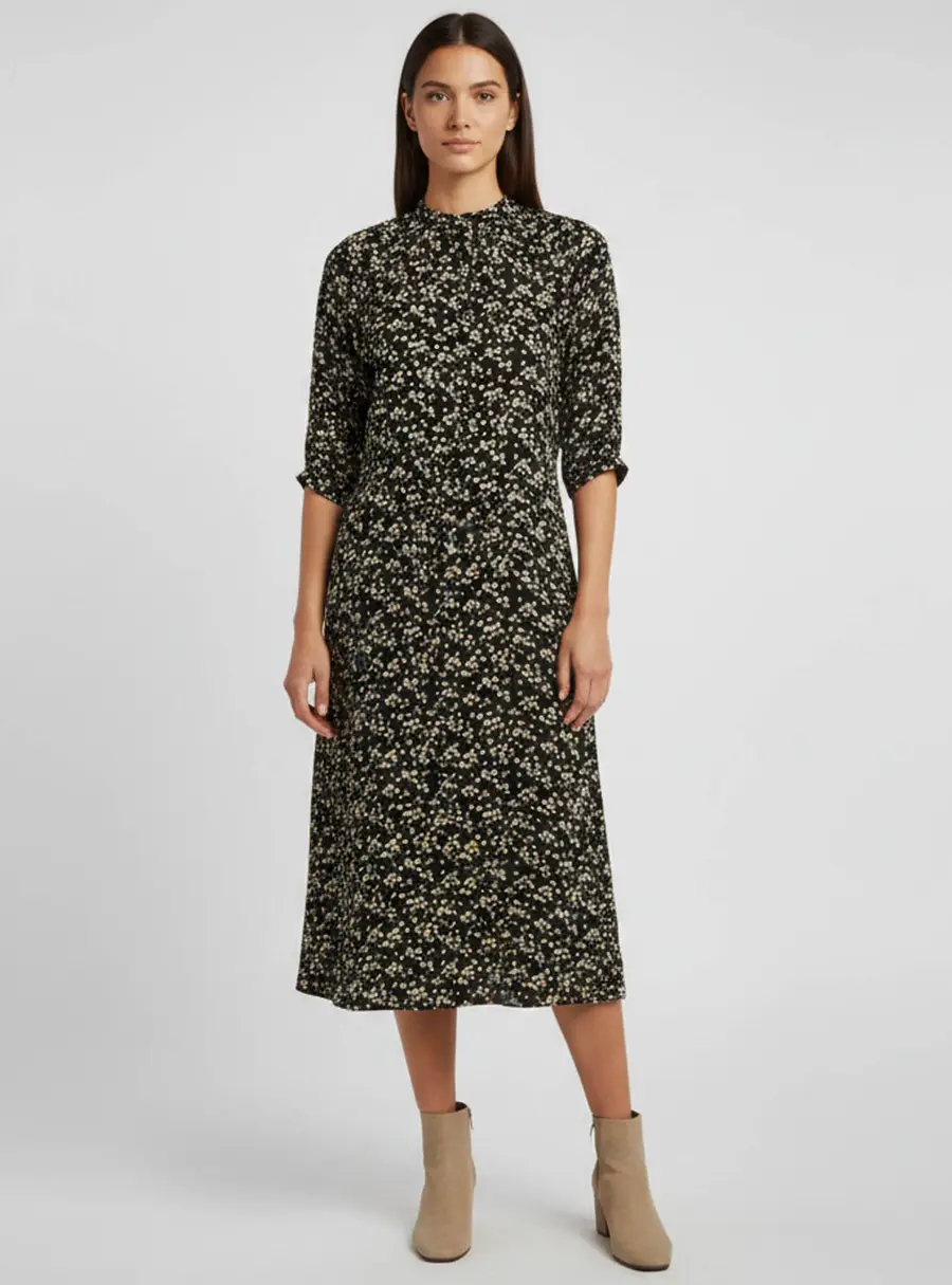 Celine Black Daisy Print Canvas Button Up Midi Dress S