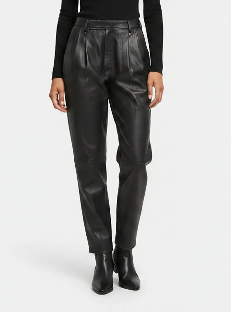 Celine Black Leather Pleated High Waisted Trousers S
