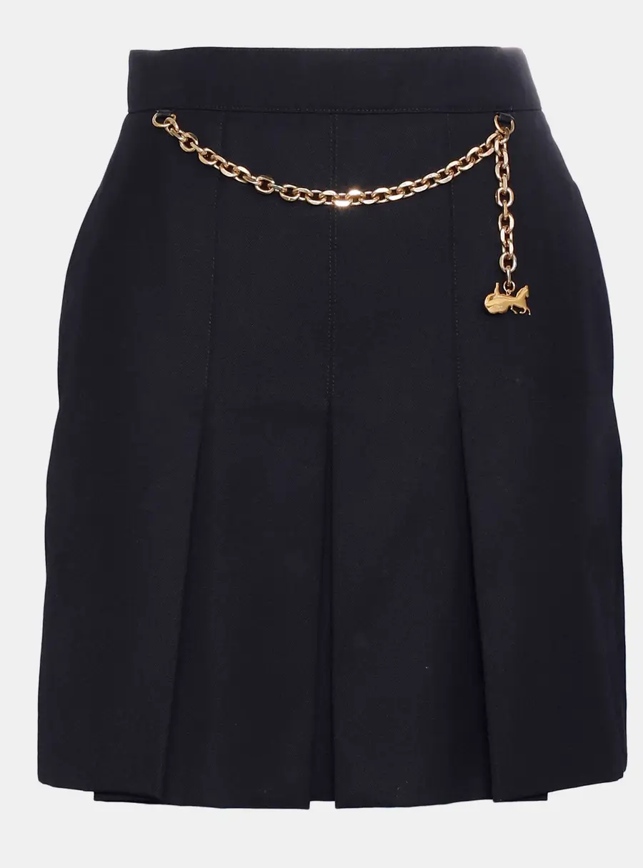 Celine Black Pleated Skirt with Gold Chain Belt FR 36