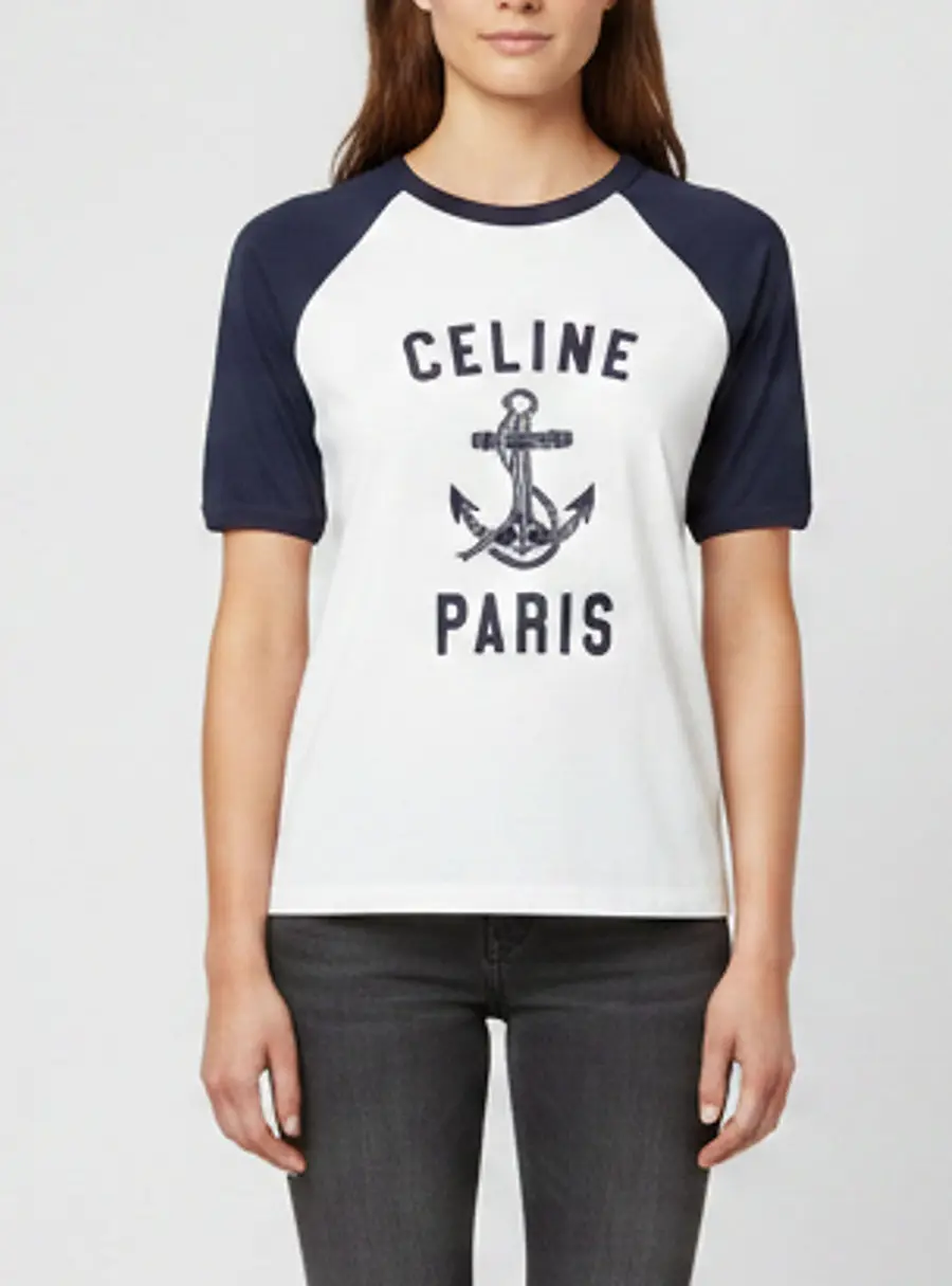 Celine White/Navy Logo Print Jersey Raglan Sleeves Anchor T-Shirt S