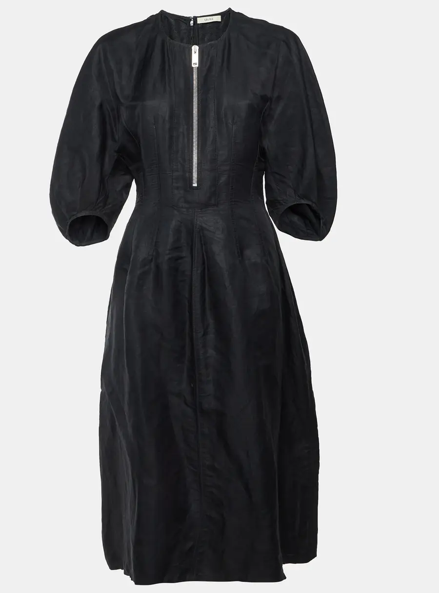 Celine Black Linen Blend Zip Front Balloon Sleeve Midi Dress M