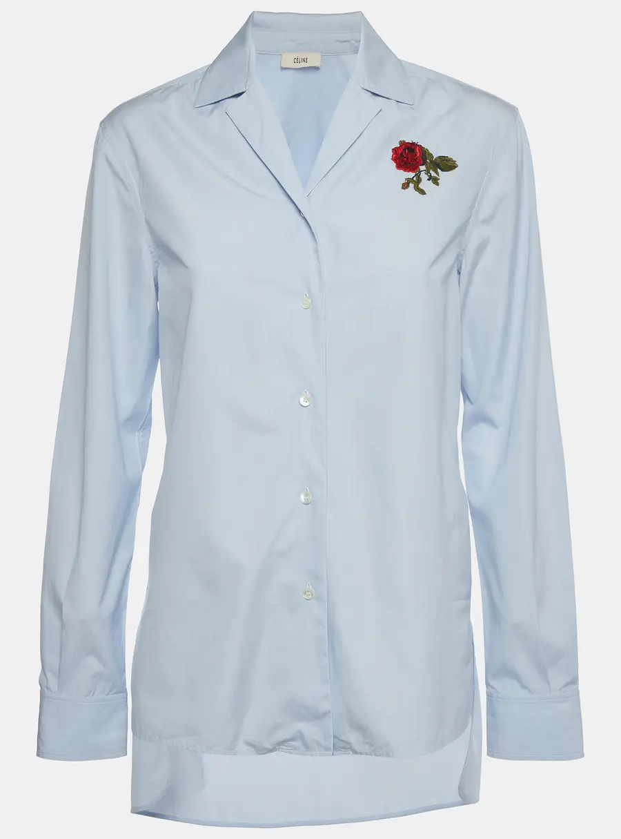 Celine Blue Pinstripe Cotton Rose Embroidered Long Sleeve Shirt S