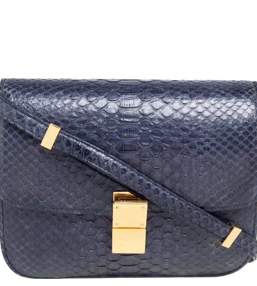 Celine Navy Blue Python Medium Classic Box Shoulder Bag