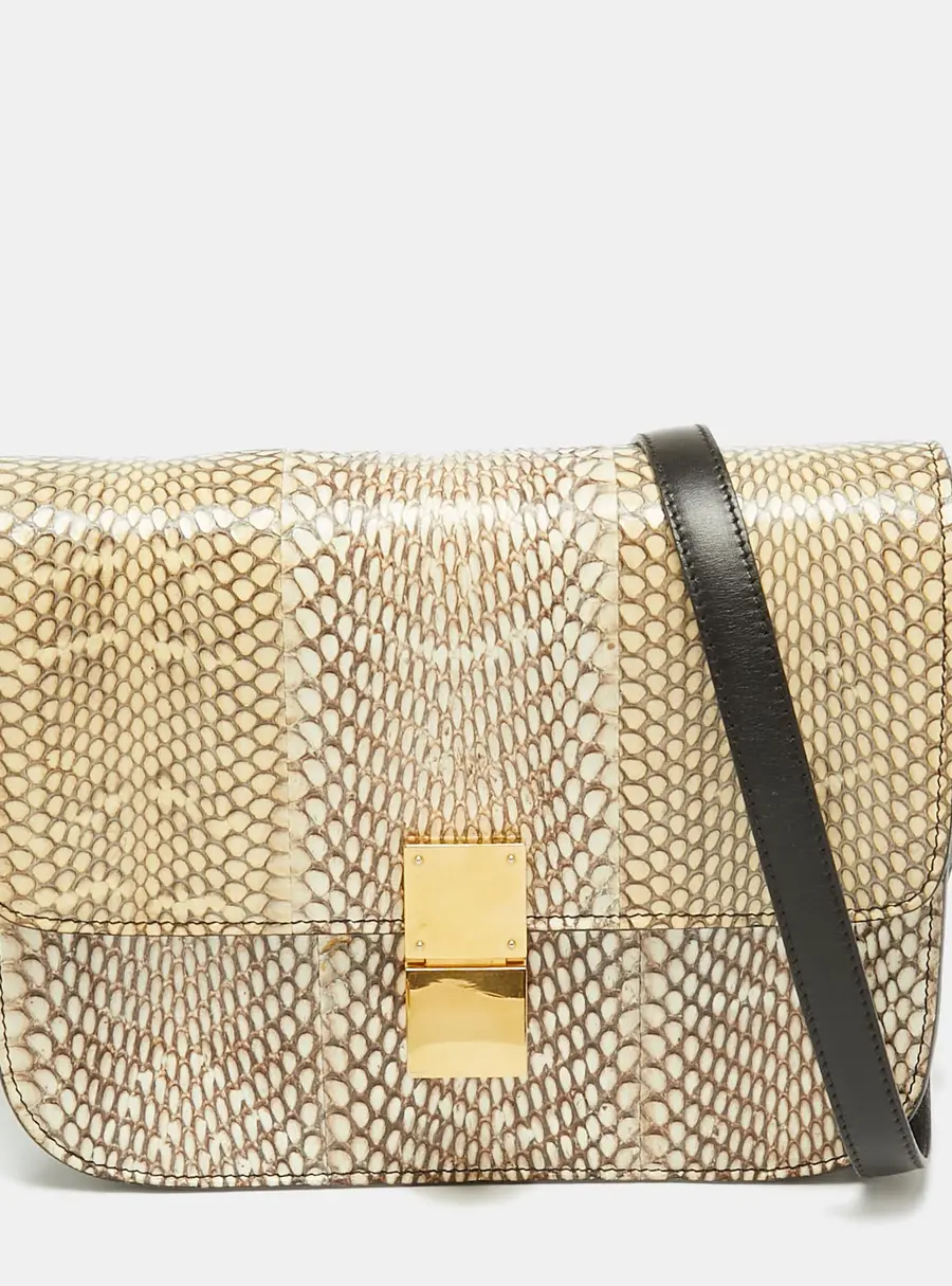 Celine Beige/Cream Watersnake Medium Classic Box Shoulder Bag
