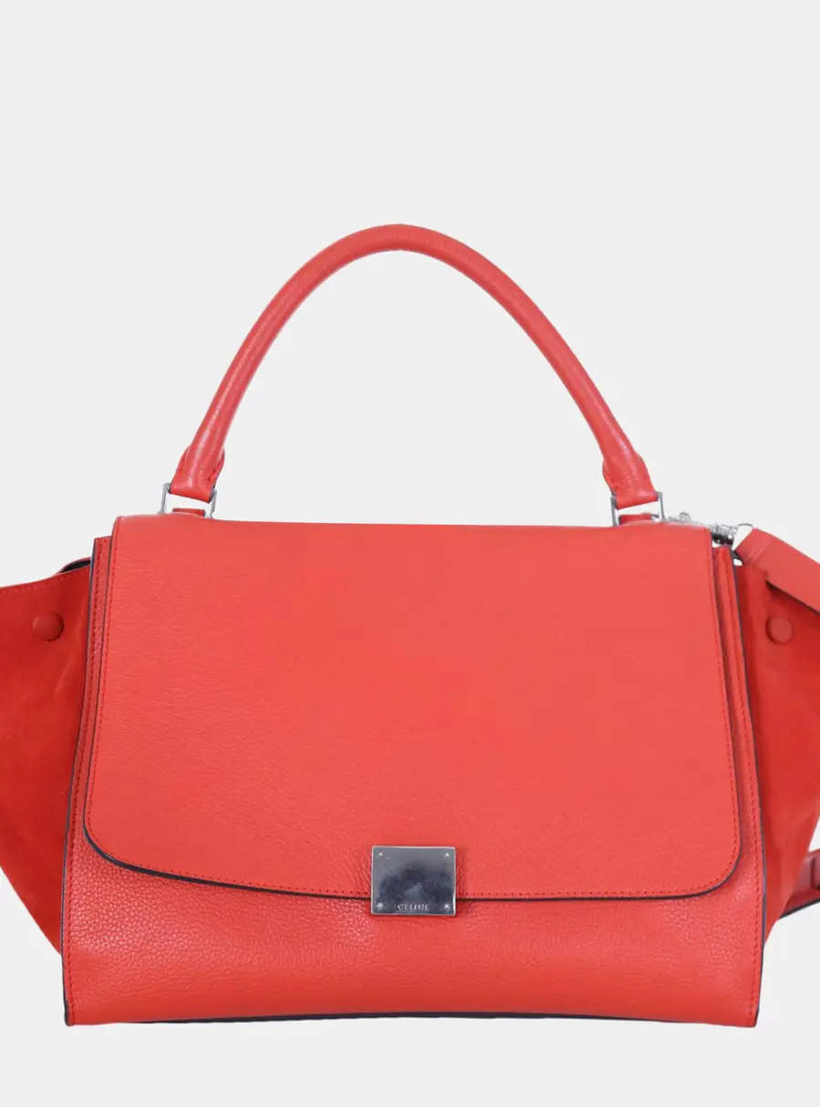 Celine Trapeze Medium Red Grained Calfskin Leather Suede Satchel Bag