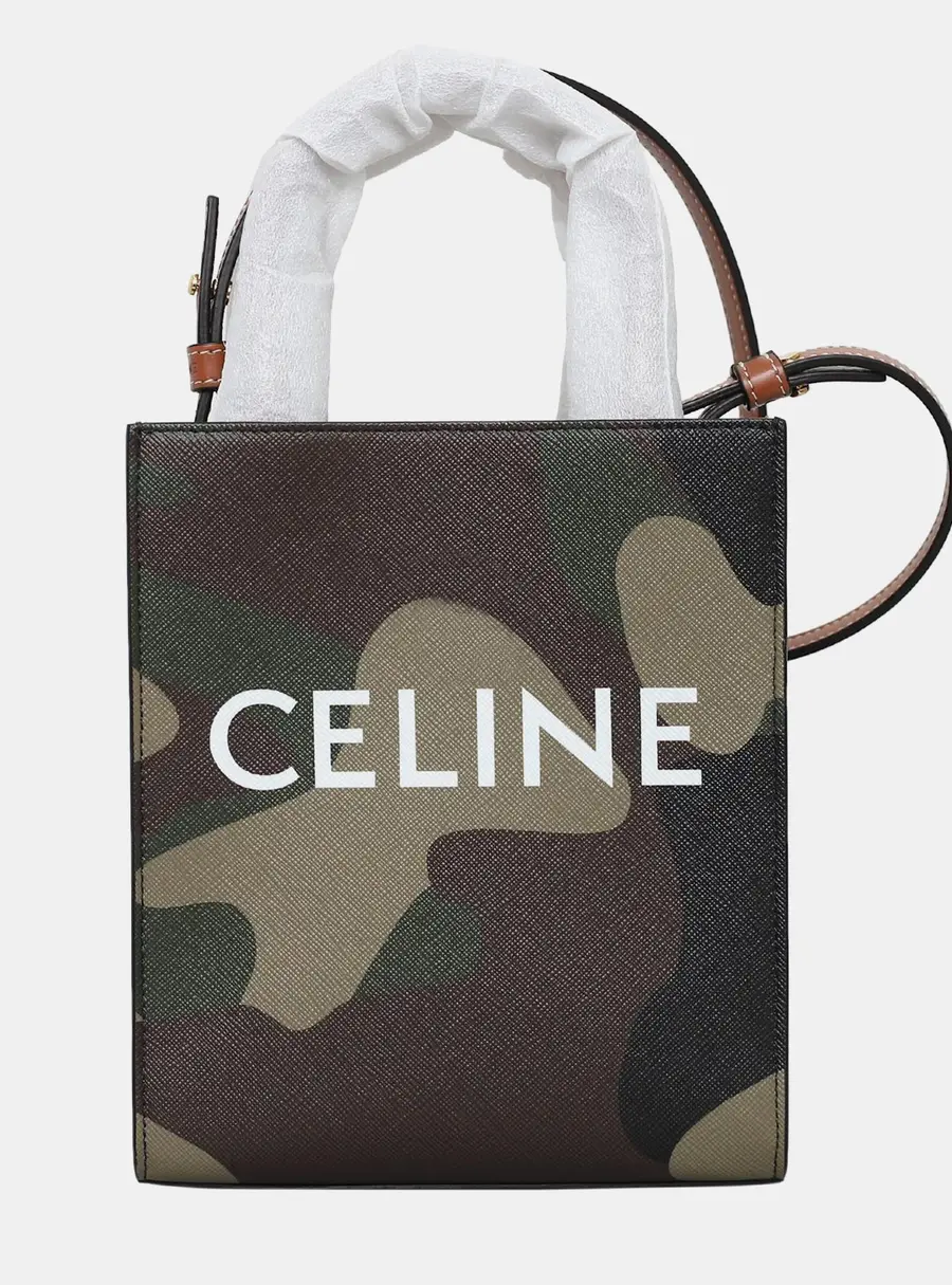 Celine Mini Vertical Cabas Khaki Camouflage Coated Canvas Calfskin Top Handle Bag