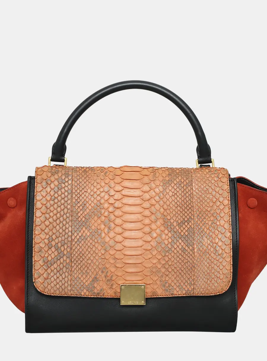 Celine Trapeze Medium Tricolor Python Suede Leather Top Handle Bag