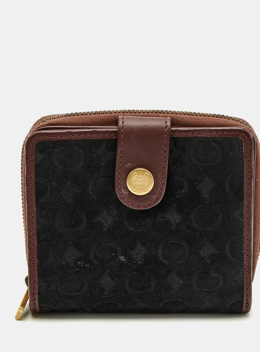 Celine Black/Burgundy Macadam Suede and Leather Zip Around Compact Wallet