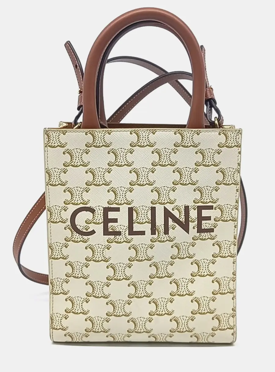 Celine Triomphe Canvas Mini Vertical Cabas White Tan Coated Canvas Top Handle Bag