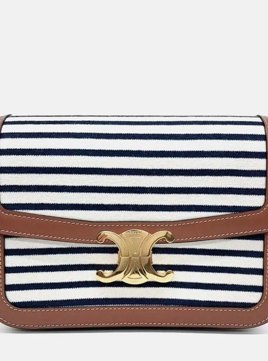 Celine Classique Triomphe Medium White Navy Striped Textile Calfskin Leather Shoulder Bag