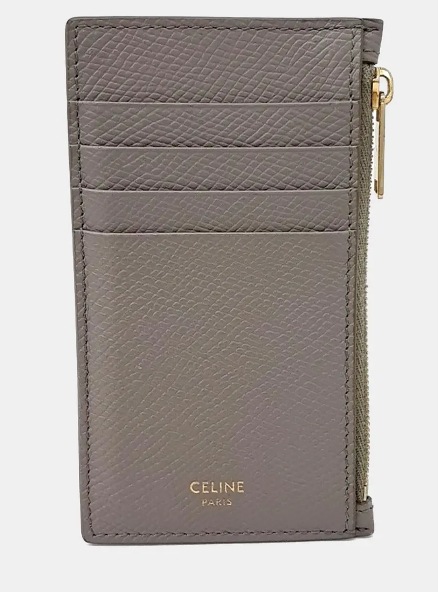 Celine Zipped Card Holder Grey Grained Calfskin Leather Wallet Bag