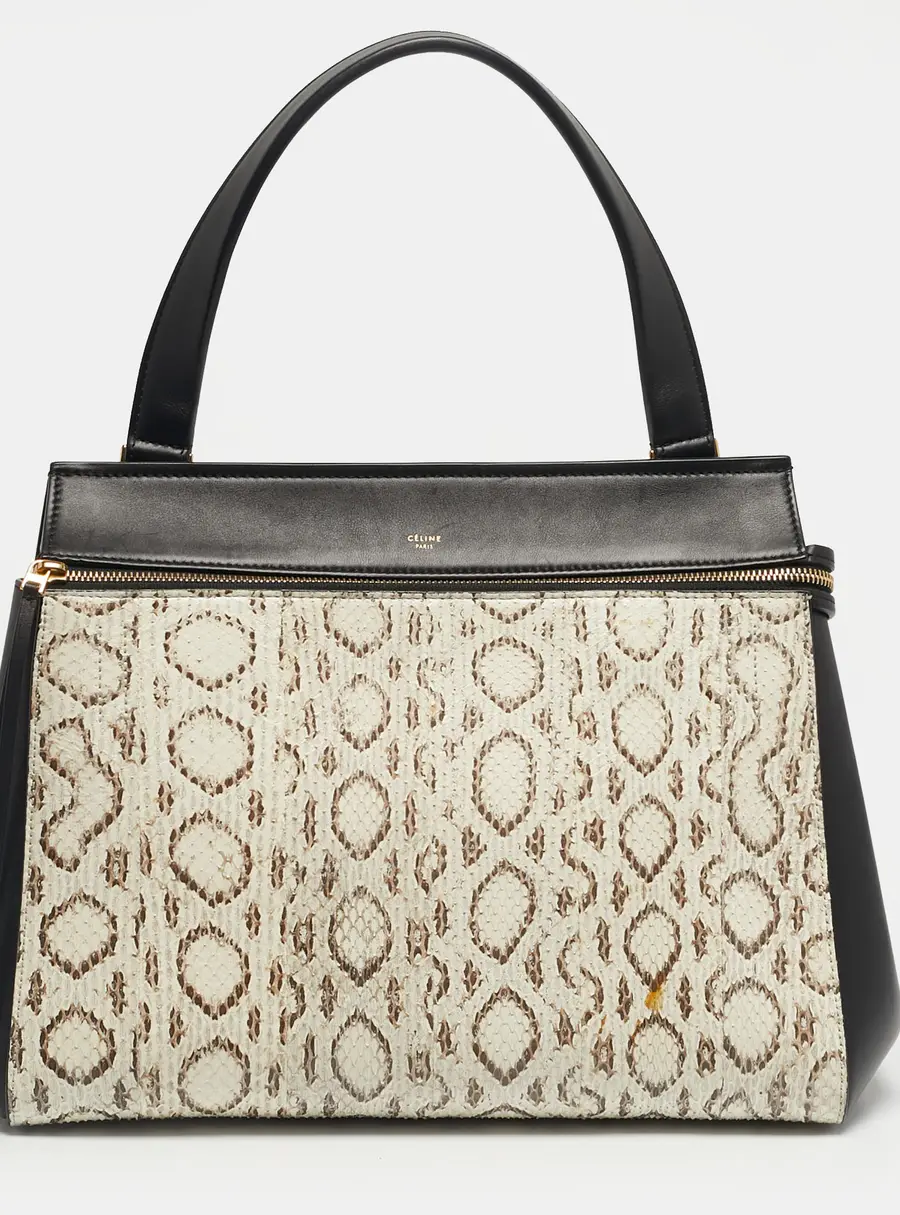 Celine Black/Off White Leather and Python Medium Edge Top Handle Bag