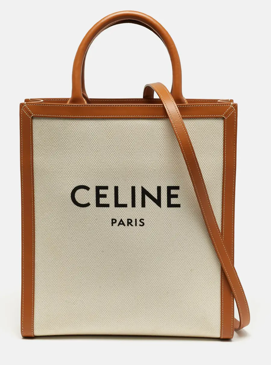 Celine Vertical Cabas Small Tan/Natural Canvas and Leather Tote