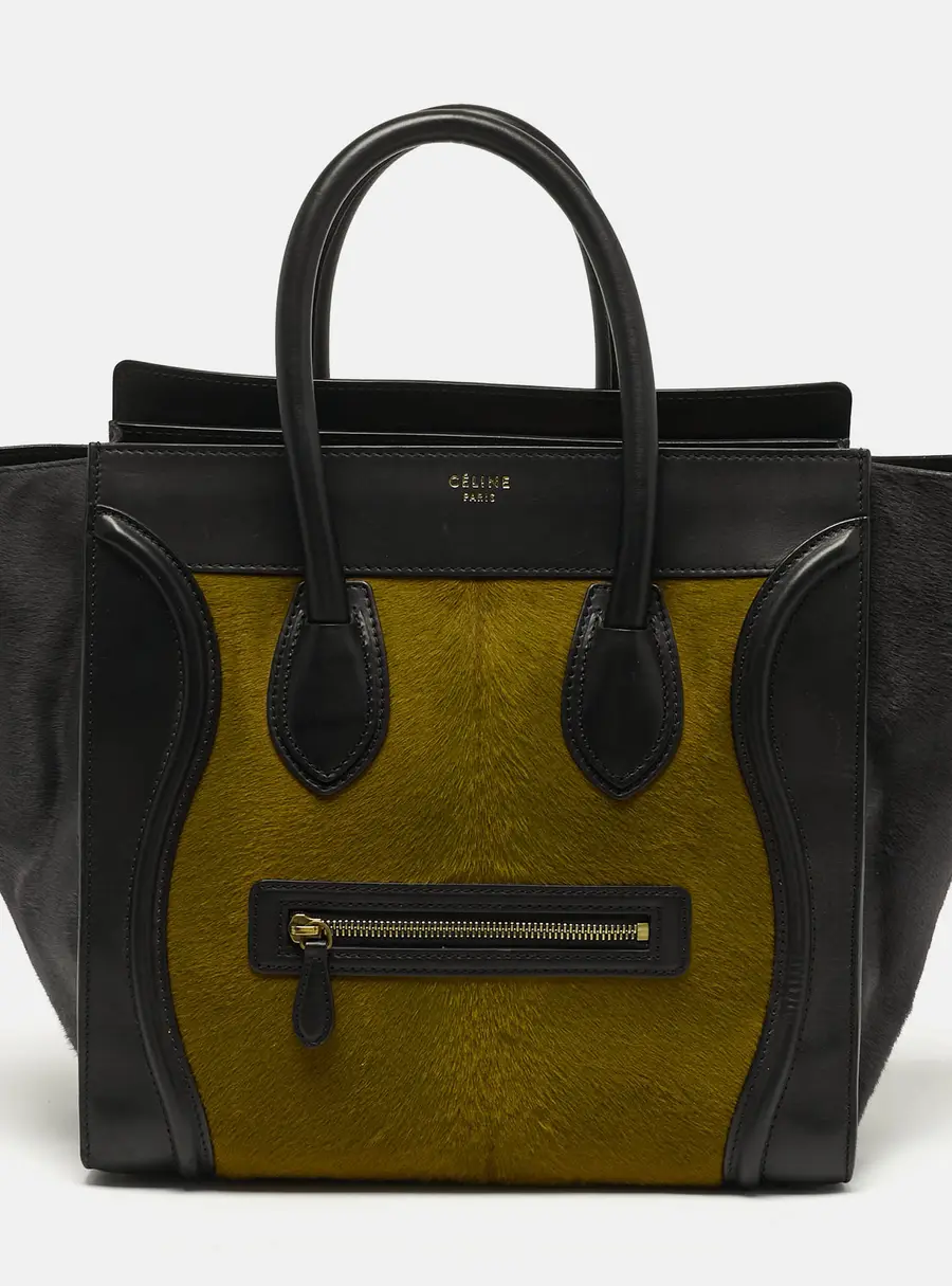 Celine Luggage Mini Black/Green Leather and Calfhair Tote