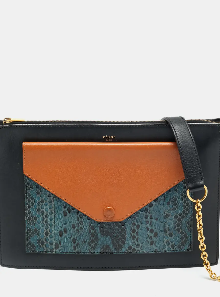 Celine Pocket Envelope Tricolor Leather and Python Chain Pouch