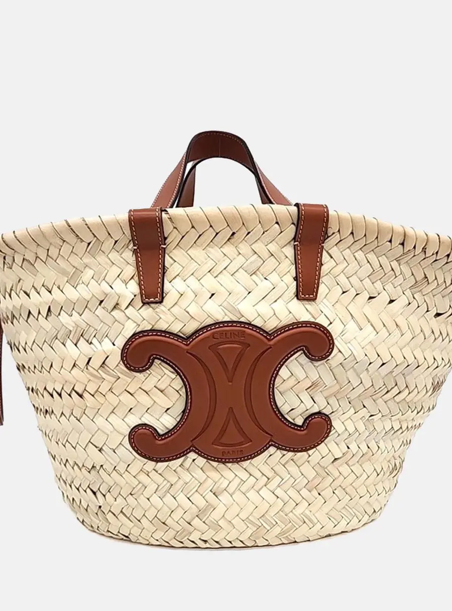 Celine Beige/Brown Raffia Triumph Pannier Shoulder Bag