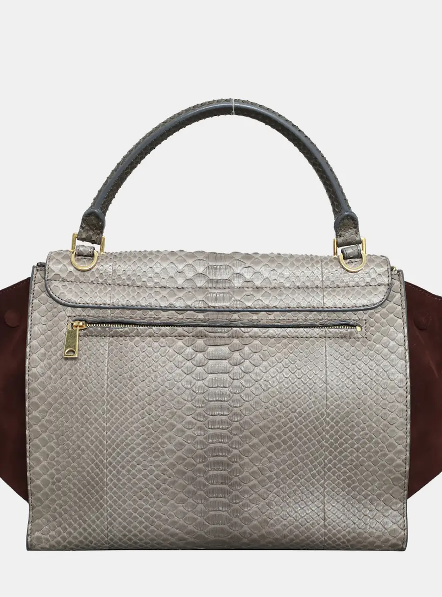 Celine Trapeze Medium Gray Python Leather Burgundy Suede Top Handle Bag