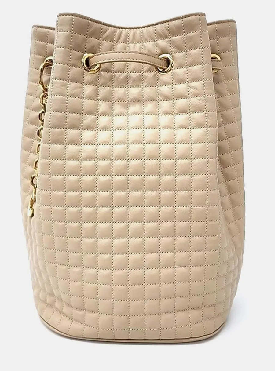 Celine C Charm Small Beige Quilted Calfskin Leather Drawstring Bag