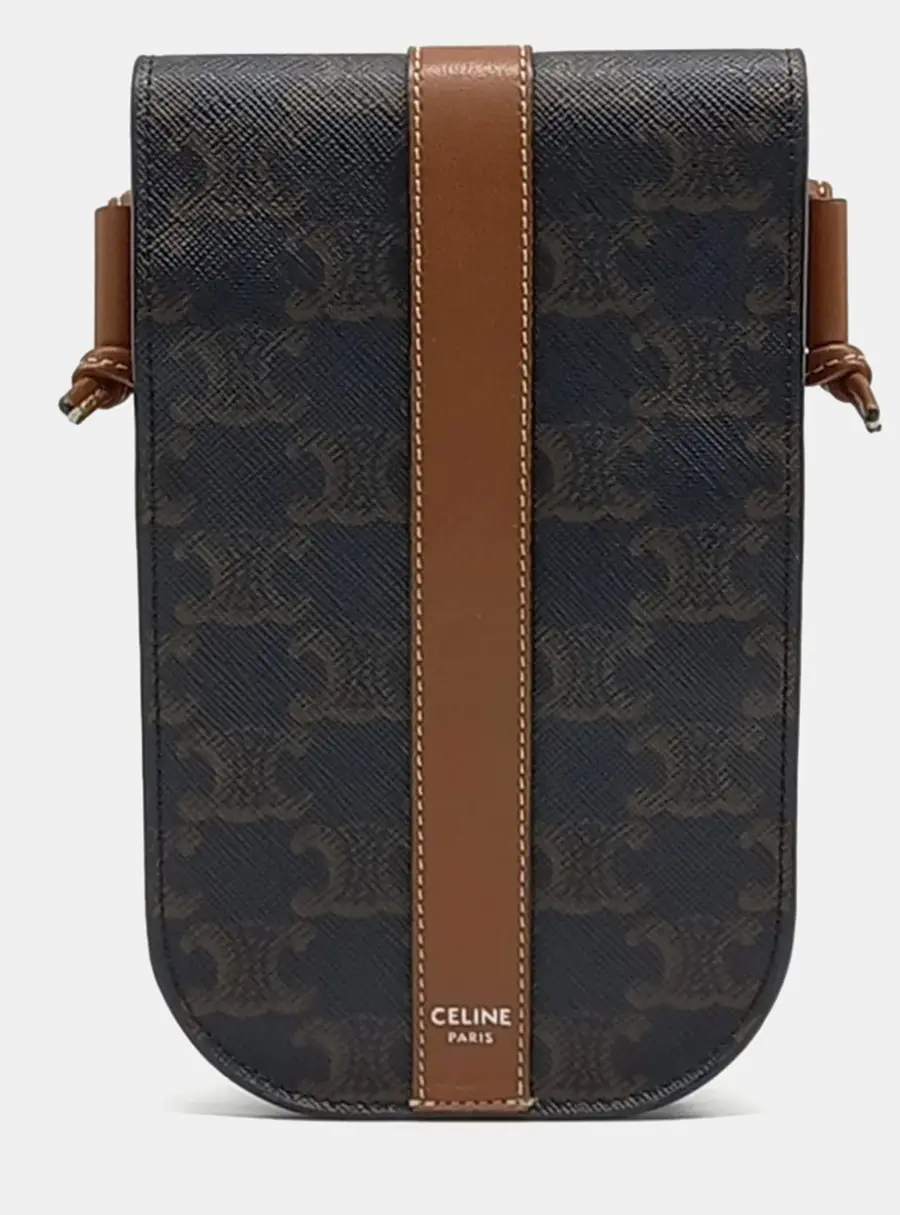 Celine Triophée Brown Coated Canvas Phone Pouch Crossbody Bag