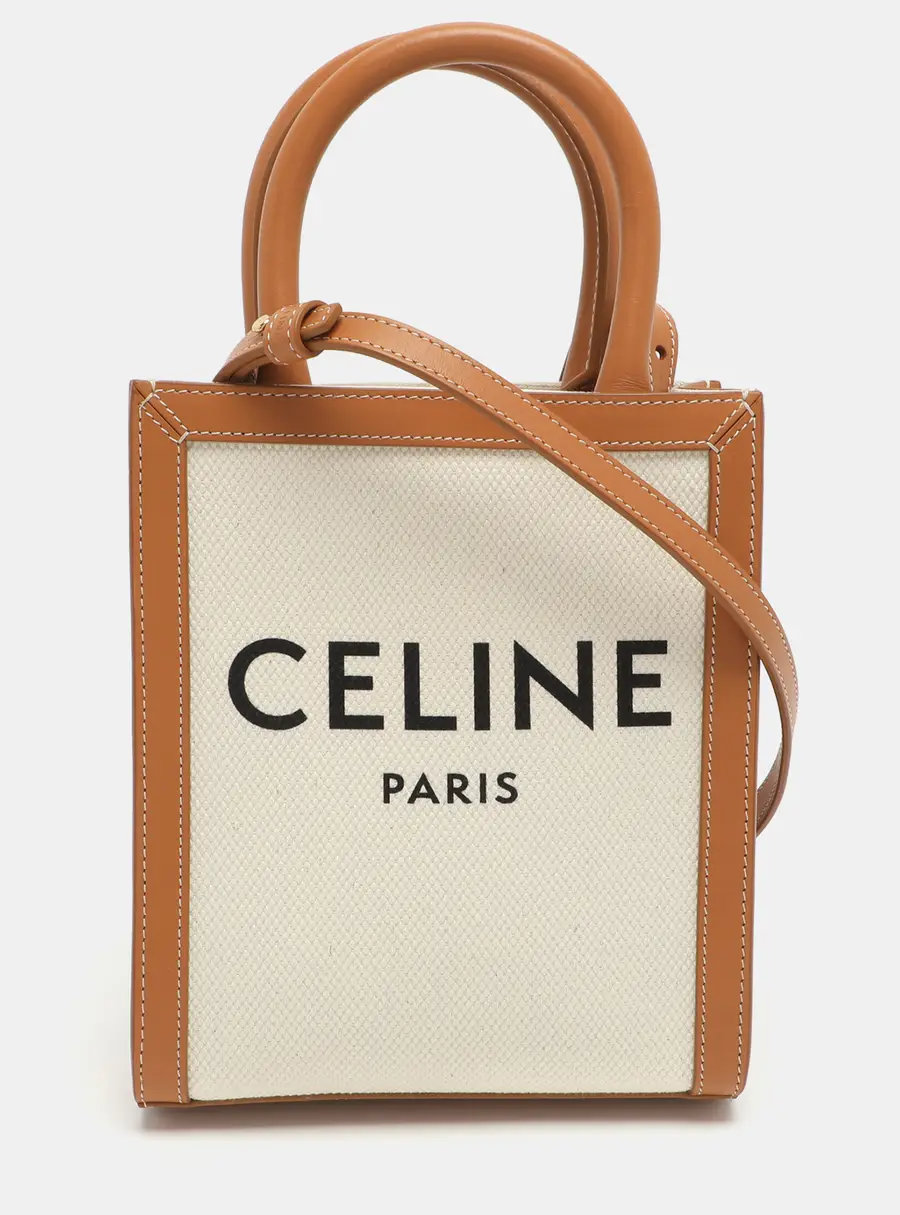 Celine Cabas Mini Tan/White Canvas and Leather Vertical Tote