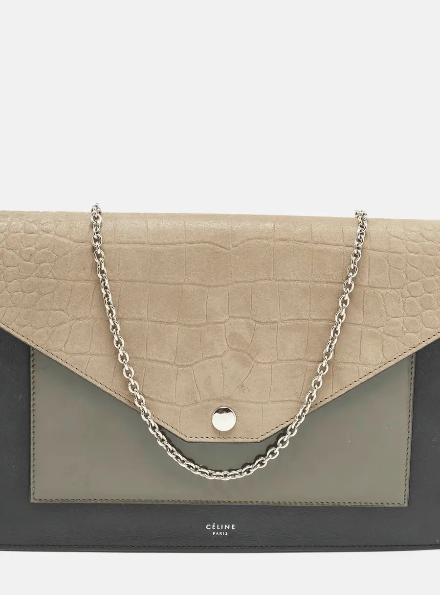 Celine Pocket Envelope Tricolor Croc Embossed Suede and Leather Chain Clutch