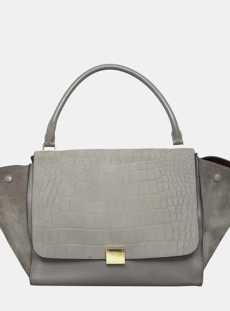 Celine Trapeze Large Grey Crocodile Stamped Nubuck Leather and Suede Top Handle Bag