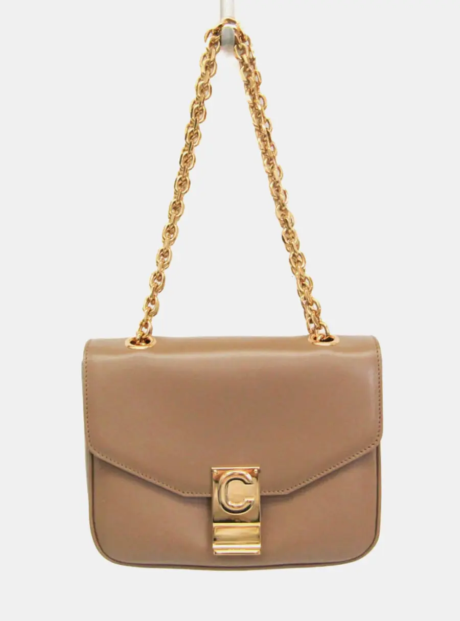 Celine C Small Beige Calfskin Leather Chain Shoulder Bag