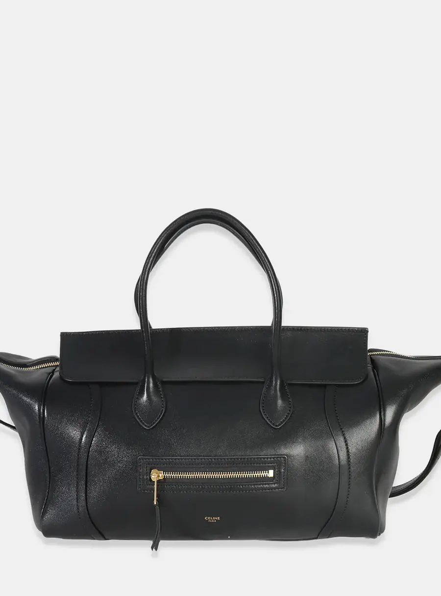 Celine New Luggage Medium Black Supple Shiny Lambskin Leather Top Handle Bag