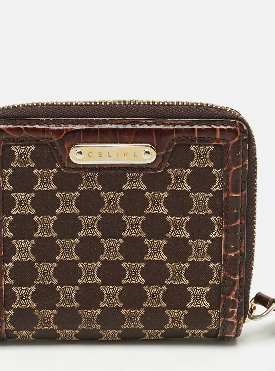 Celine Brown Macadam Fabric and Croc Embossed French Wallet