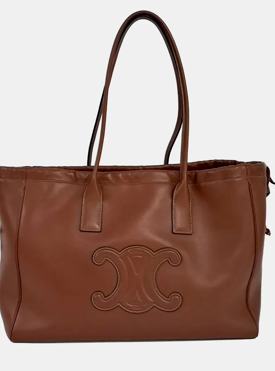 Celine Cuir Triomphe Drawstring Cabas Brown Leather Tote Bag