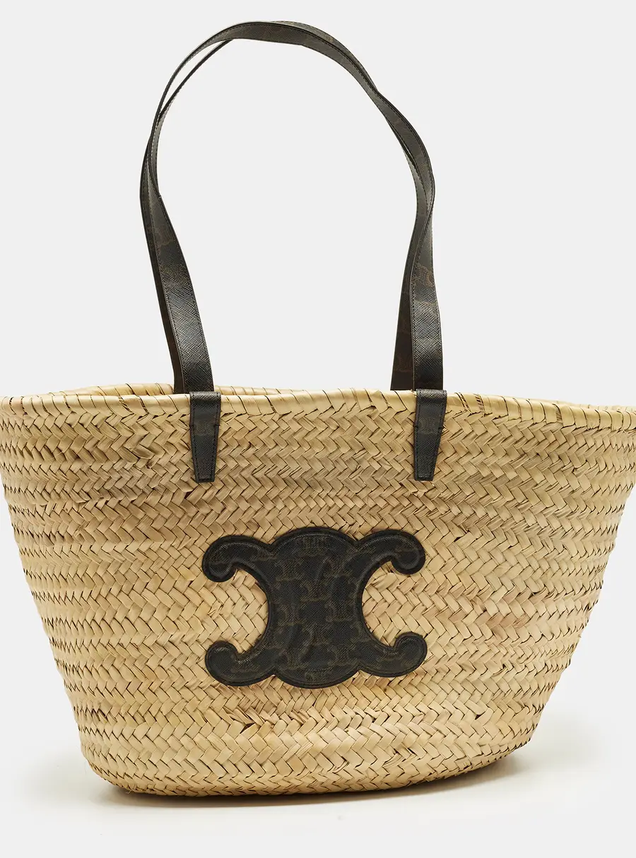 Celine Triomphe Black/Beige Raffia and Printed Coated Canvas Basket Bag