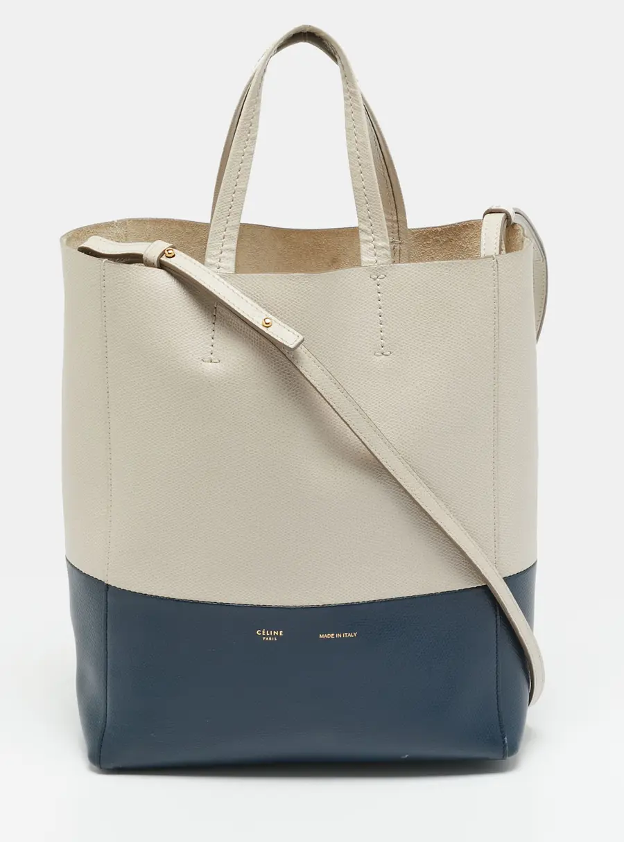 Celine Vertical Cabas Small Beige/Navy Blue Leather Tote