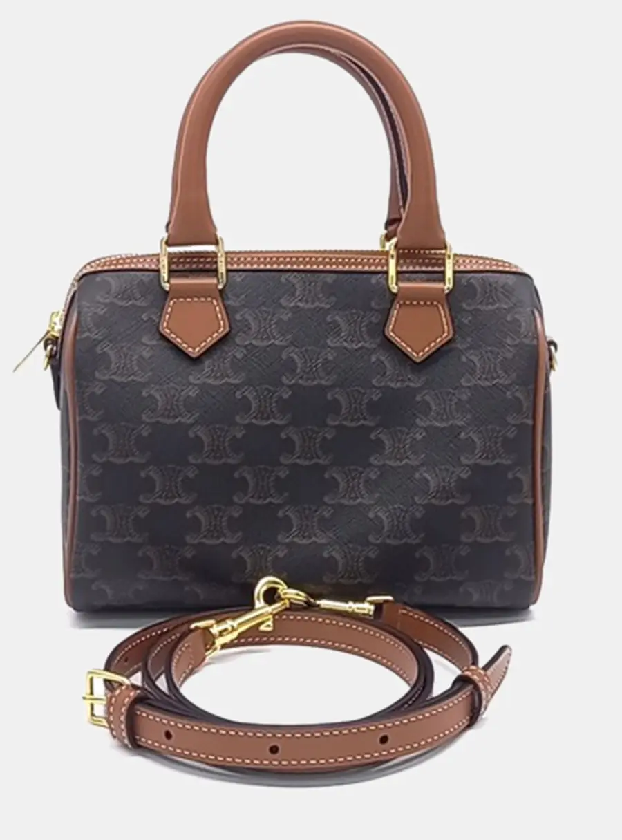 Celine Boston Small Brown Triomphe Canvas Leather Top Handle Bag