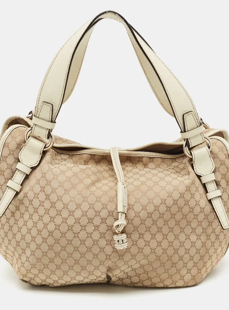 Celine Bittersweet Beige/Off White Macadam Print Canvas and Croc Embossed Leather Hobo