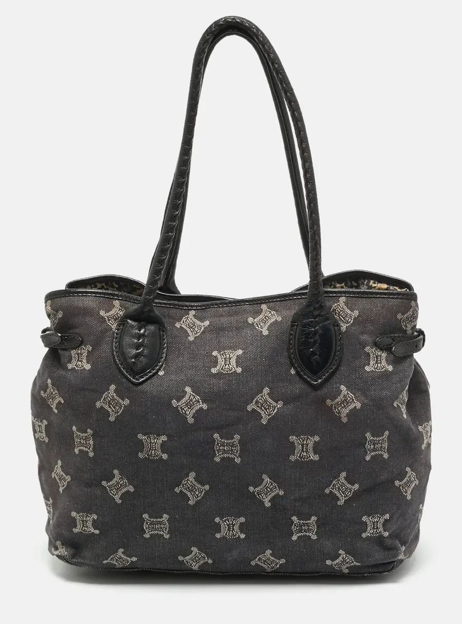 Celine Buckle Black Triomphe Denim and Leather Tote