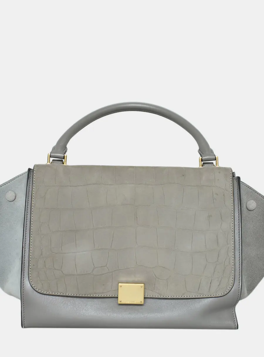 Celine Trapeze Medium Gray Croc Embossed Leather and Suede Top Handle Bag