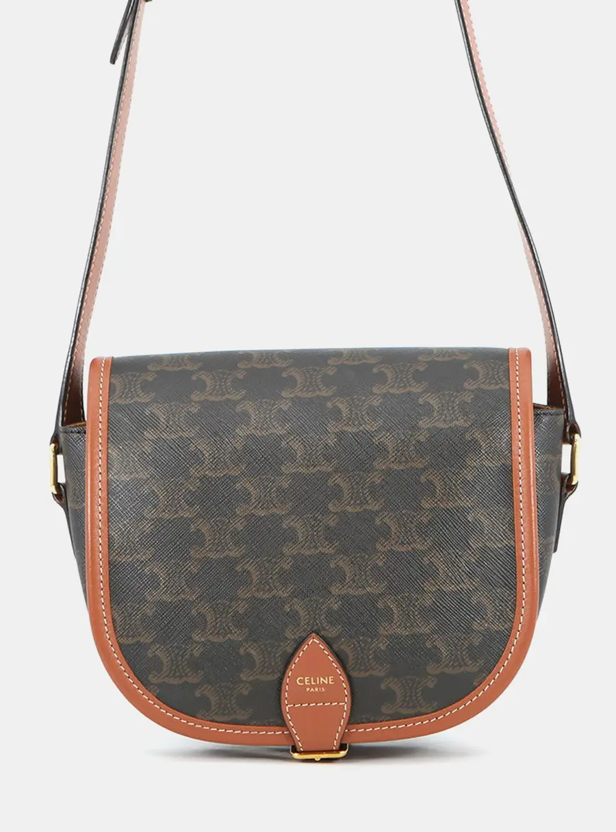 Celine Folco Medium Tan Triomphe Coated Canvas Calfskin Leather Crossbody Bag
