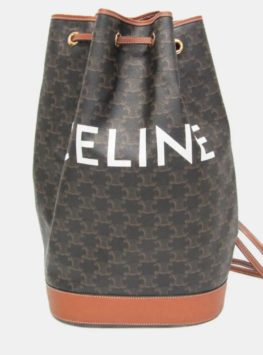 Celine Triomphe Medium Brown Coated Canvas Calfskin Leather Shoulder Bag